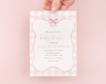 Preppy Pink Gingham Bow Baby Shower Invitation Printable