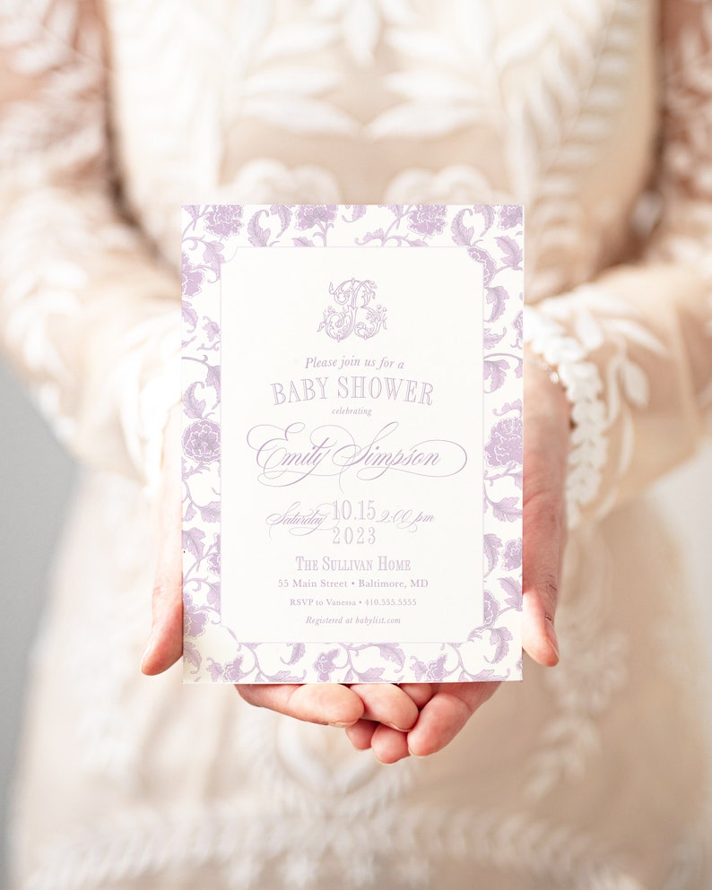 Purple Baby Girl Shower Invitations Lilac Chinoiserie Baby Etsy