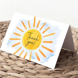 Boho Aquarell Little Sunshine Dankeschön Notizen - Junge Geburtstag - erste Reise um die Sonne - Junge Babyparty druckbar