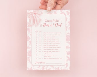 INSTANT DOWNLOAD - Guess Mom or Dad Baby Shower Game with Pink Heirloom Bow Chinoiserie - Girl Baby Shower