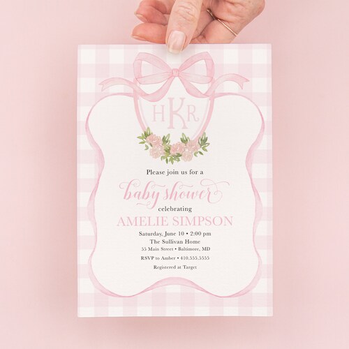 Preppy Pink Monogram Watercolor Crest Gingham Bow Baby Etsy