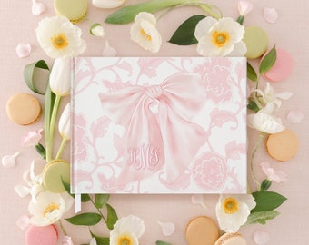 Libro de visitas de lazo rosa para baby girl shower - Chinoiserie rosa - Libro en blanco - Libro de visitas personalizado - Regalo de baby shower - Libro de visitas monograma