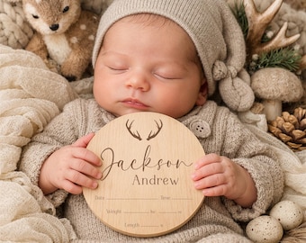 Rustic Antler Birth Announcement Sign: Personalized Woodland Baby Boy Name & Stats Plaque