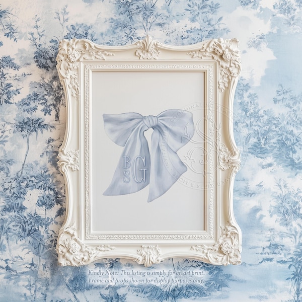 Blue Bow Monogram Nursery Art: Printed Watercolor Wall Decor