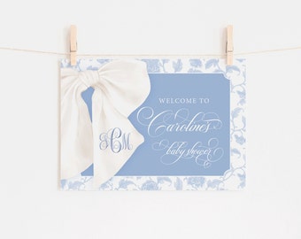Blue Chinoiserie Baby Shower Welcome Sign - Preppy Southern Heirloom Bow - Watercolor Monogram Bow Bow - Boy Baby Shower