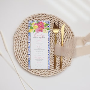 Tuscan Lemon and Fuschia Floral Bridal Shower Printable Menu Cards - Portuguese Blue Tile and Lemon Bridal Shower