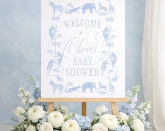 Safari Toile Baby Shower Welcome Sign: Classic Blue and White Poster