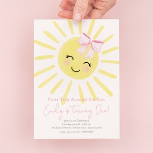 First Trip Around the Sun Birthday Invitation - Sunshine 1st Birthday Invite - Birthday Girl - Our Little Sunshine - My Sunshine Girl Pink
