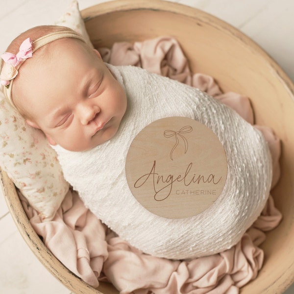 Baby Announcement Sign Girl- Wood Baby Name Reveal Plaque Bow Knot Ribbon - Girl Birth Announcement - Newborn Photo Prop