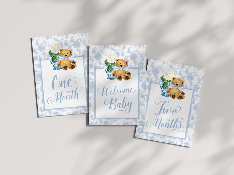 Boy Milestone Cards Printable Teddy Bear Ginger Jar Toile Blue Chinoiserie Baby Month Cards Keepsake Memories Classic Baby Boy image 4