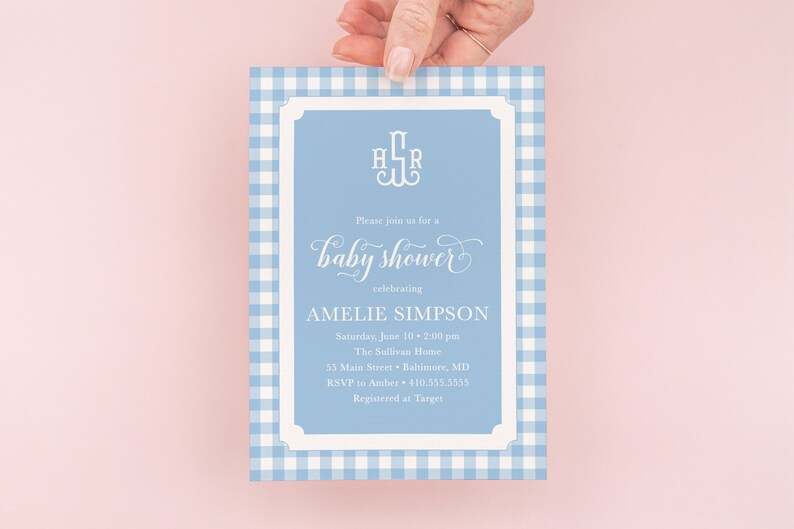 Blue Gingham Baby Shower Invitation Boy Baby Shower Invite Etsy