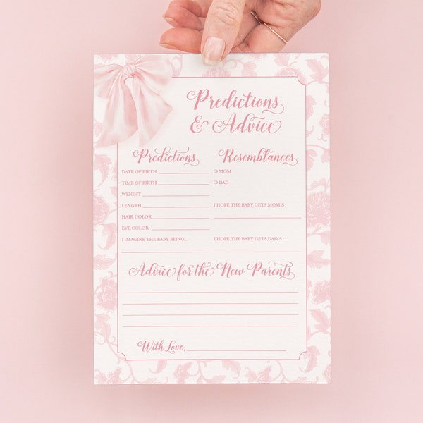 Pink Bow Toile - INSTANT DOWNLOAD - Predictions and Advice Baby Shower Game - Pink Heirloom Bow Chinoiserie - PRINTABLE