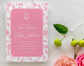 Pink Toile Chinoiserie Bridal Shower Invitations, Monogram Invite, Bridal Brunch, Bridal Luncheon invitation, Bridesmaids Lunch, Bridal Tea