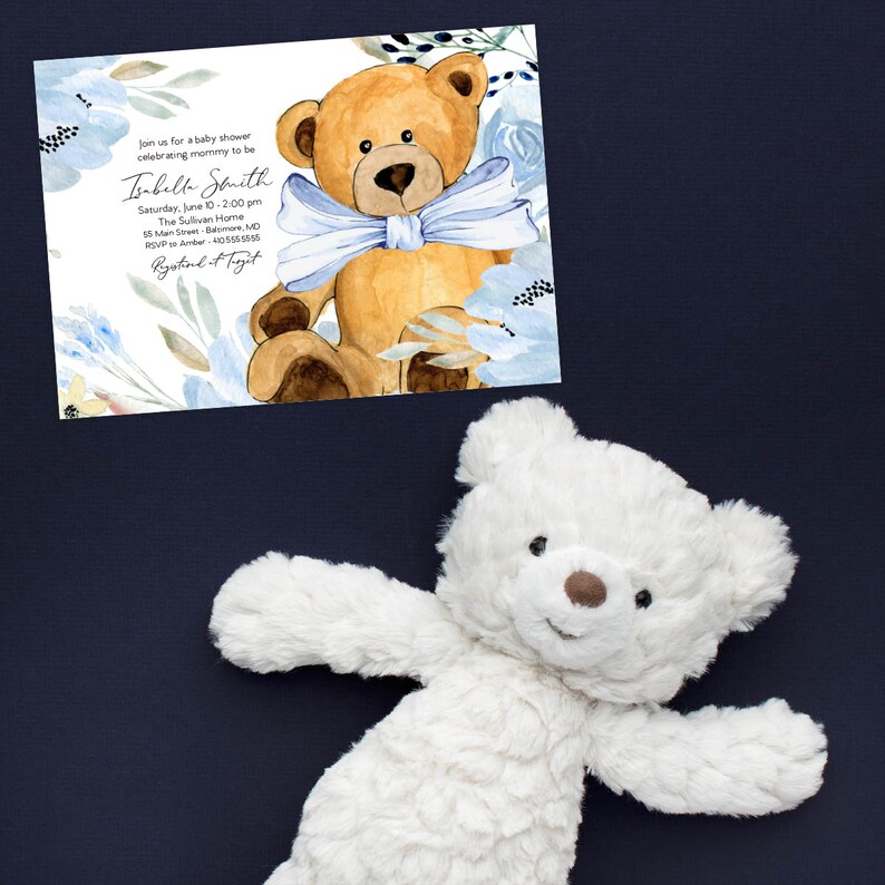 Boy Baby Shower Invitation Watercolor Bear Baby Shower Etsy