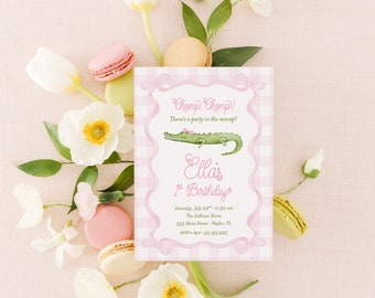 Alligator Birthday Girl Invitations - Crocodile Invitation - Chomp Chomp Party in the swamp - Pink and Green