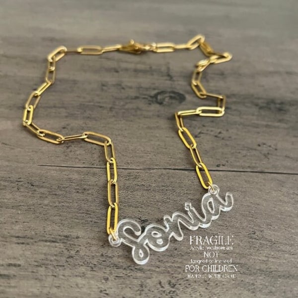 Paper Clip Chain Necklace, Clear Acrylic Name Necklace, Lucite Nameplate Necklace, 18k Gold Plated Paper Clip Chain, Dainty Necklace