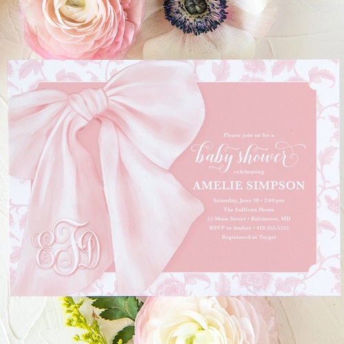 Preppy Pink Bow Baby Shower Invitation Girl Baby Shower Etsy