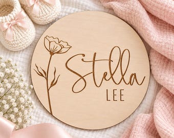 Floral Wooden Baby Name Announcement Sign | Engraved Birth Reveal Plaque | Newborn Hospital Photo Prop | Shower Gift
