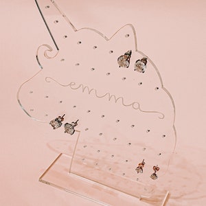 WOXBITA Unicorn Earring Holder Organizer - Metal Stand With 81 Holes & Storage Tray, Silver Jewelry Display