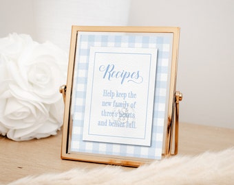 Blue Gingham Recipes Sign: Boy Baby Shower Decor (Printable 8x10)