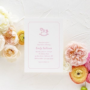 Classic Baby Girl Shower Invitation Rocking Horse Girl Baby Sprinkle Traditional Preppy