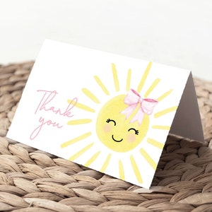 Notes de remerciement imprimables soleil - petite fête d'anniversaire soleil - fichier carte de remerciement - soleil avec noeud rose
