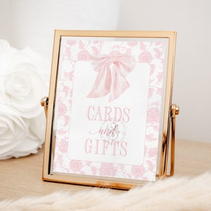 Cards and Gifts Sign for Girl Baby Shower Printable with Pink Bow - Printable 8x10 - Preppy Pink Chinoiserie Baby Sprinkle