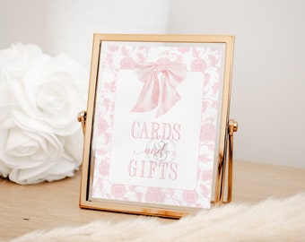 Cards and Gifts Sign for Girl Baby Shower Printable with Pink Bow - Printable 8x10 - Preppy Pink Chinoiserie Baby Sprinkle