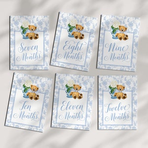 Boy Milestone Cards Printable Teddy Bear Ginger Jar Toile Blue Chinoiserie Baby Month Cards Keepsake Memories Classic Baby Boy image 6