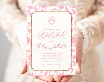 Chinoiserie Bridal Shower Invitations: Pink Toile Monogram