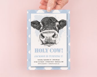 Holy Cow 1st Birthday Invitations - Moo Moo - Boy Farm Invites - Boy Birthday Party - Blue Cow First Birthday