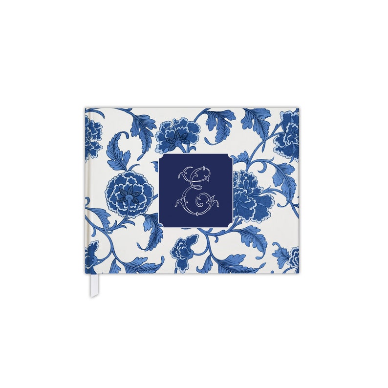 Blue Chinoiserie Bridal Shower Guest Book, Baby Shower Guest Book, Chinoiserie Blank Book, Custom Initial Guestbook, Monogram Guestbook Navy