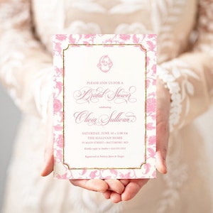 Chinoiserie Monogram Bridal Shower Invitations - Monogram Invite - Bridal Brunch - Chinoiserie Chic - Classic Pink and White - Bridal Lunch