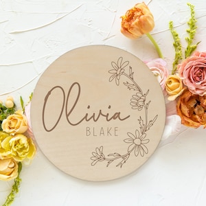 Daisy Wooden Baby Name Announcement Sign Flower Engraved Baby Name Reveal Plaque Floral Birth Announcement Newborn Photo Prop Wood image 8