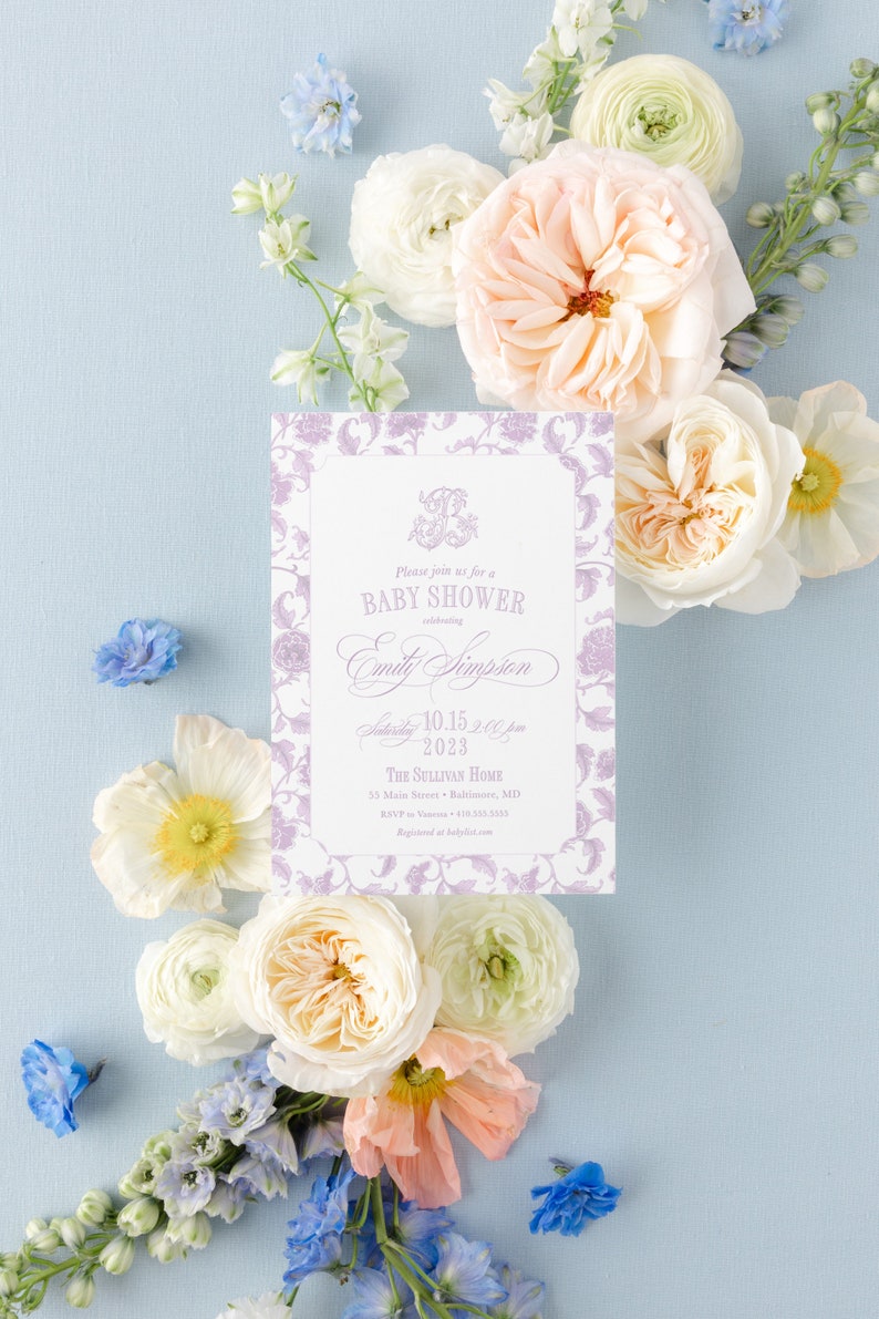 Purple Baby Girl Shower Invitations Lilac Chinoiserie Baby Etsy