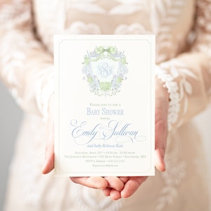 Grandmillenial Baby Boy Shower Invitations with Monogram, Sprinkle for Baby Boy, Blue Hydrangea Bow Crest, Timeless Heirloom Invitation