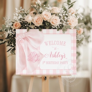 Letrero de bienvenida para primer cumpleaños de niña con cuadros vichy rosas - Lazo de estilo sureño preppy - Lazo rosa - Baby Shower de niña - Baby Girl Sprinkle