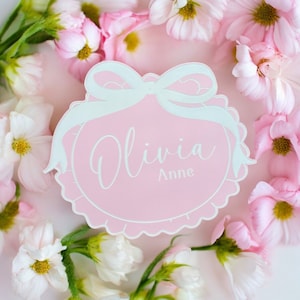Bow Birth Announcement Sign Baby Girl Pink Ribbon Bow Baby Girl Name Sign Personalized Hospital Bassinet Newborn Announcement