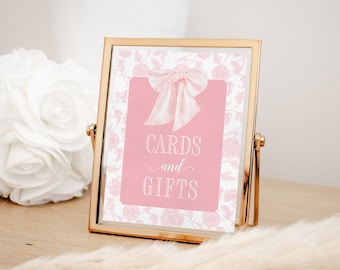 Cards and Gifts Sign for Girl Baby Shower Printable with Pink Bow Toile - Printable 8x10 - Preppy Pink Chinoiserie Baby Sprinkle