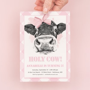 Holy Cow I'm One Invites - Pink Gingham First Birthday Party Printed Invitations - Girl Farm Party Invite - Cow Girl Birthday Invitation