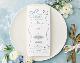 Blue Bow Baby Shower Menu Cards: Printed Brunch Menu