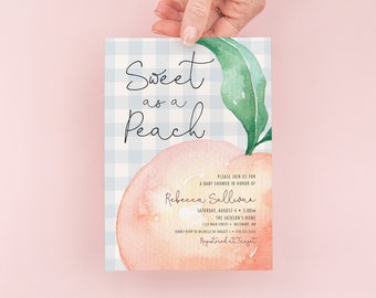 Sweet as a Peach Invites - Dusty Blue Gingham Baby Shower Invitations - Just Peachy - Peach Baby Shower - Girl Baby Shower - Peach Party