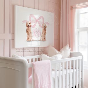 Pink Monogram Crest Wall Art for Nursery - Baby Girl Nursery - Golden Retriever Art Print Girl Room Decor - Grandmillenial Girls Room