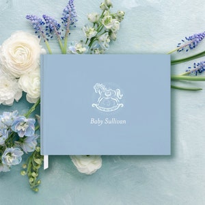 Traditional Rocking Horse Boy Baby Shower Guest Book - Classic Baby Boy - Dusty Blue Book - Baby Boy Sprinkle Guest Book Personalized