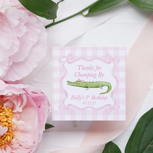 Alligator First Birthday Favor Tags Printable Square Chomp Chomp Swamp Party Tags for Girl Birthday Celebration