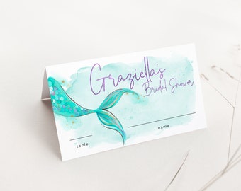 Mermaid Escort Cards - Place Cards - Mermaid Bridal Shower - Printed Escort Card - Mermaid Tail - Under the Sea - trading her tail for veil