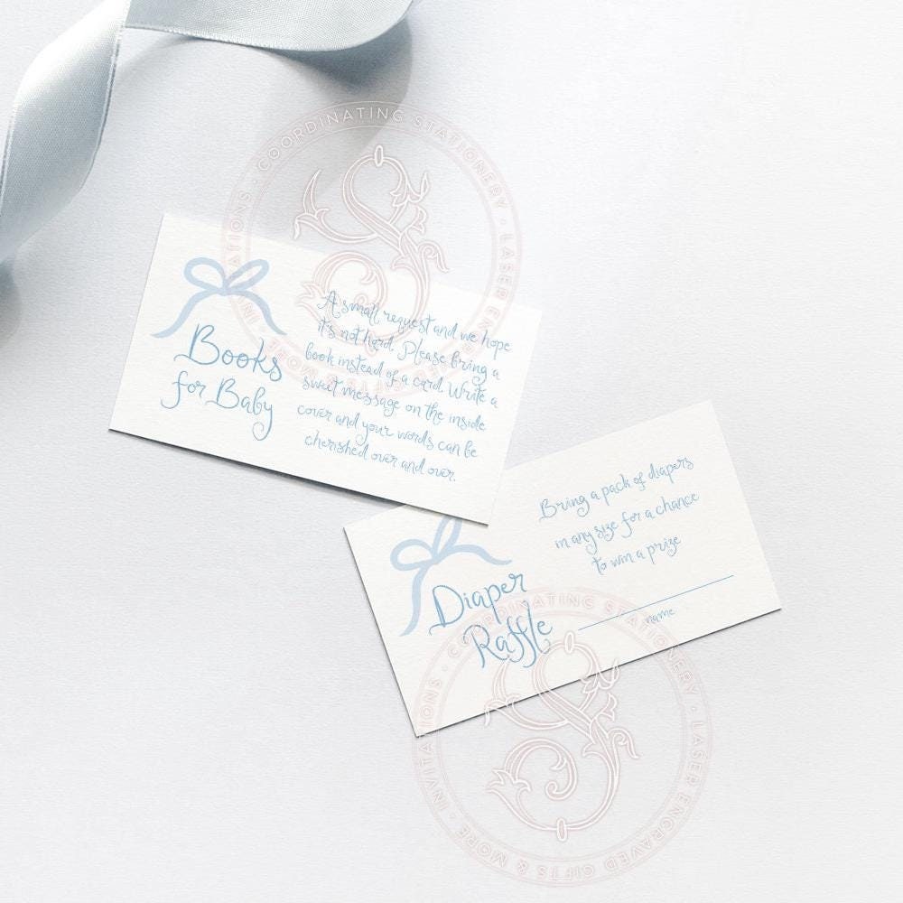 Hand Drawn Blue Bow Baby Boy Shower Diaper Raffle Insert Cards Printed, Book Request Insert Card