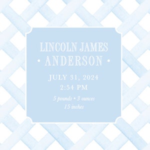 May include: A light blue baby announcement card with a white lattice pattern. The card features the name "LINCOLN JAMES ANDERSON" along with the baby's birthdate, time, weight, and length.