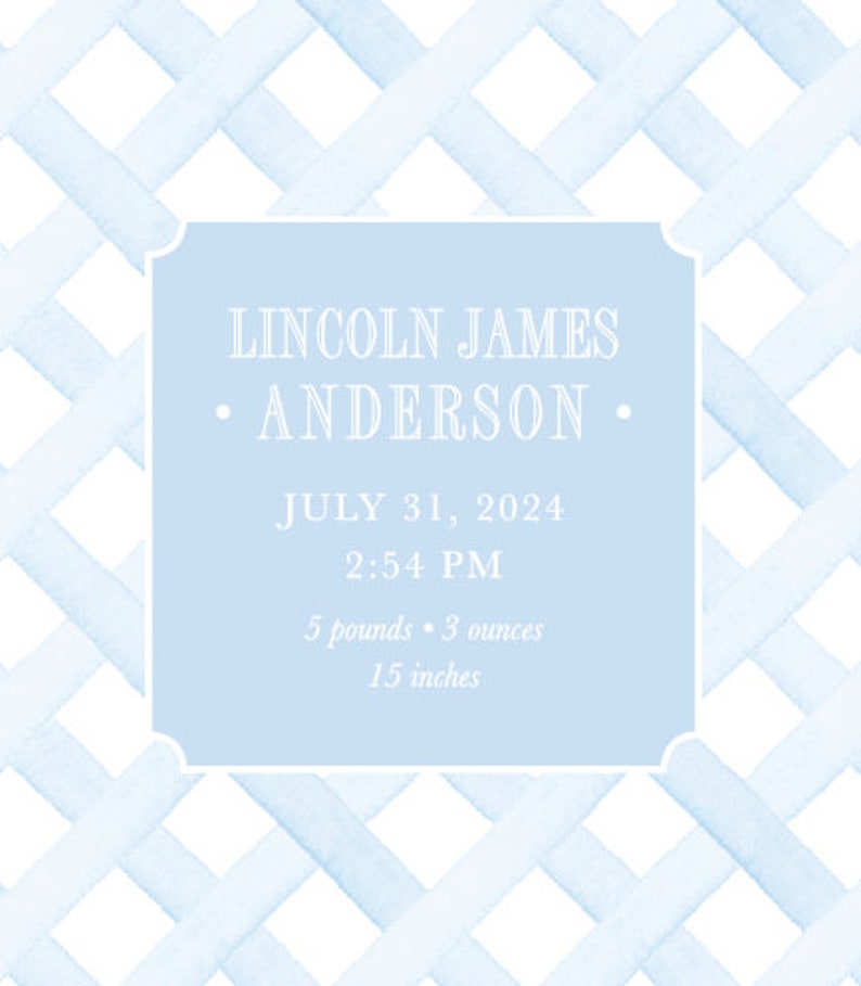 May include: A light blue baby announcement card with a white lattice pattern. The card features the name "LINCOLN JAMES ANDERSON" along with the baby's birthdate, time, weight, and length.