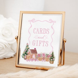 Kaarten en cadeaus bord voor meisje Babyshower afdrukbaar met roze strik - afdrukbaar 8 x 10 - babymeisje strooi - verjaardagsfeestje meisje december